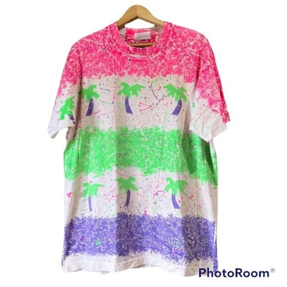 VTG Surf Mania Fruit of the Loom Neon Pink, Green Palm Tree Splatter T-shirt - Picture 8 of 9